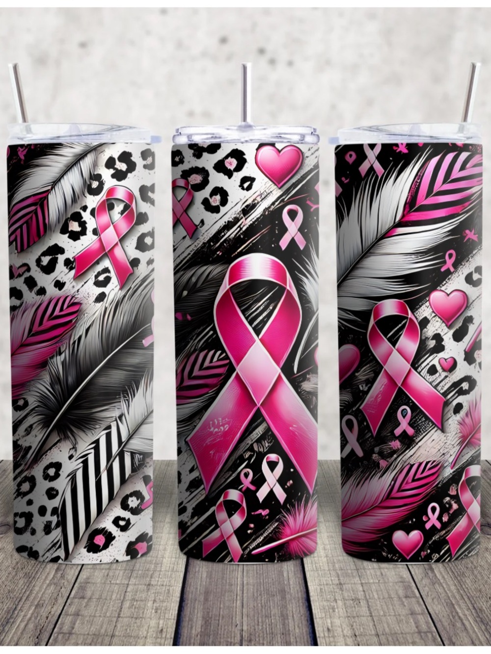 Pink Ribbon Awareness Feather Skinny Tumbler - Breast Cancer Support